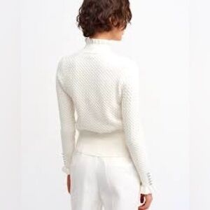 Zara Winter White Waffle Knit Rhinestone Sleeve Sweater with Ruffles